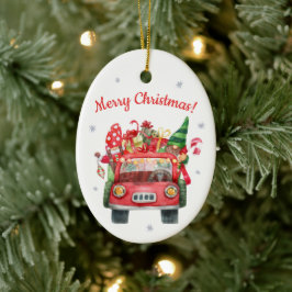 Keramische kerstversiering met rode auto keramisch ornament