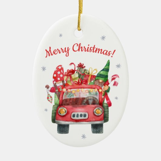 Keramische kerstversiering met rode auto keramisch ornament (Voorkant)