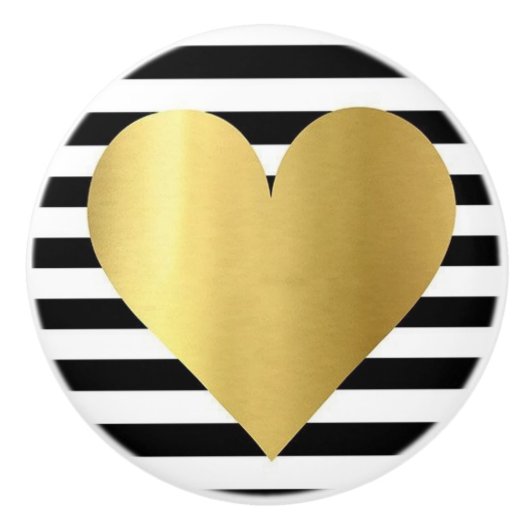 Keramische Knob/Gold Heart Black en White Stripes Keramische Knop (Voorkant)
