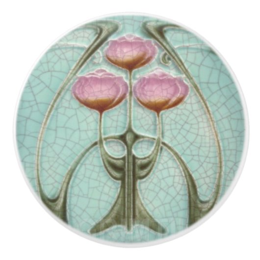 Keramische knoppen - Roze Pioenrozen Art Nouveau (Voorkant)