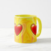 Keramische koffie mok geel rood hart ontwerp. (Voorkant rechts)