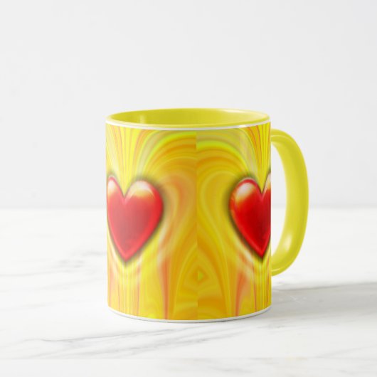 Keramische koffie mok geel rood hart ontwerp. (Voorkant rechts)