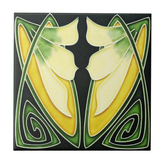 Keramische kunst Nieuwe Stijl Groen en Geel Tegeltje (Voorkant)