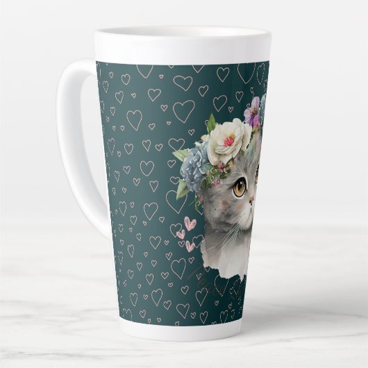 Keramische Latte Mok - Schattigee Cat & Wildflower (Linkerhoek)