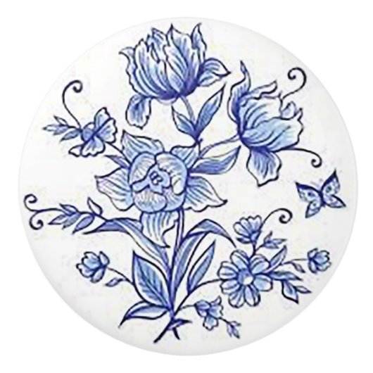 Keramische meeuw "Kobalt Blue Floral" Knop (Voorkant)