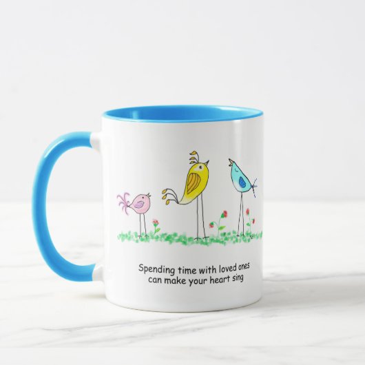 Keramische mok, grillige vogels met spreuk mok (Links)