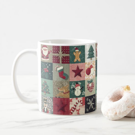 Keramische mok met kerstpatchworkthema (Met donut)