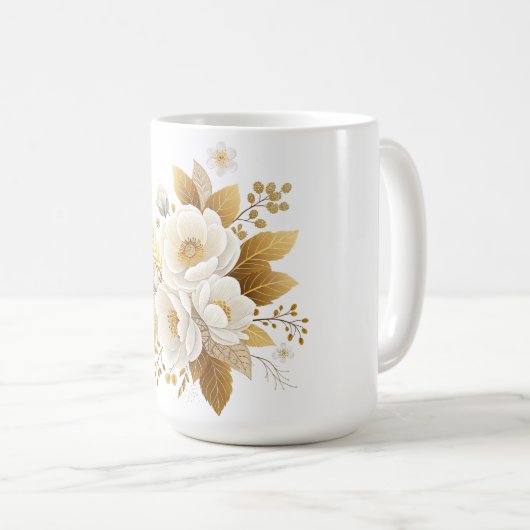 Keramische Mok met witte en gouden bloemen (Voorkant rechts)