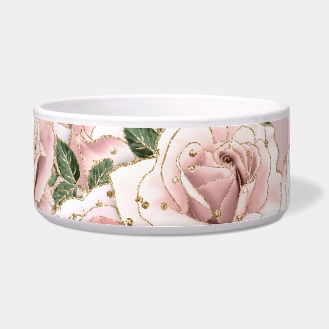 Keramische Pet Bowl-Rozen en Gold Glitter Voerbakje (Voorkant)