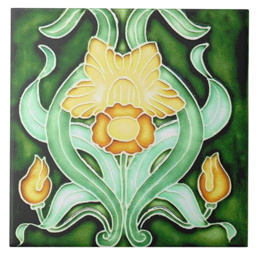 Keramische ril - Art Nouveau Spring Daffodil Tegeltje (Voorkant)