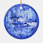 Keramische sierspelen "Blue Willow World", origine Keramisch Ornament (Achterkant)