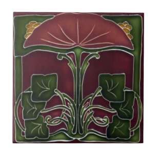 Keramische tegel - Art Nouveau bloem rood groen Tegeltje