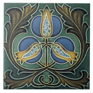 Keramische tegel - Art Nouveau bloemen blauw geel Tegeltje