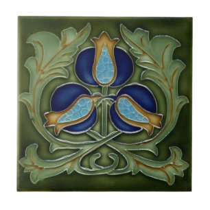 Keramische tegel - Art Nouveau bloemen blauw groen Tegeltje