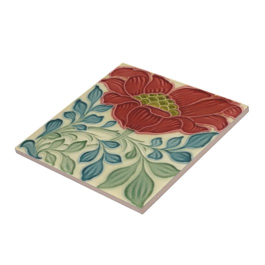 Keramische Tegel - Art Nouveau Bloemen Verbrand Ro Tegeltje (Zijkant)