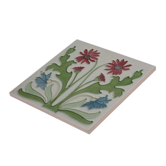 Keramische tegel - Art Nouveau Red & Blue Floral T Tegeltje (Zijkant)