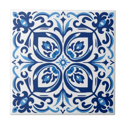 Keramische Tegel - Blauw/Wit Azulejo Bloemen Tegeltje (Voorkant)