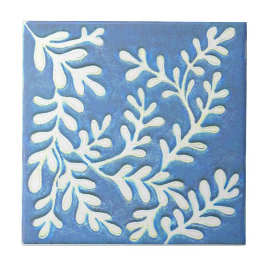 Keramische tegel, Blauw & witte bladeren Tegeltje (Voorkant)