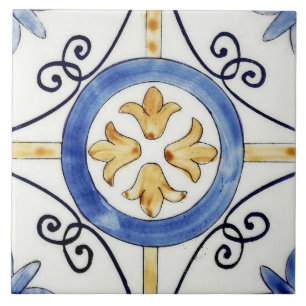 Keramische tegel - bloemontwerp blauw en oranje tegeltje