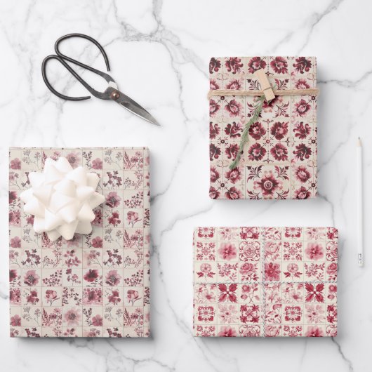  Keramische Tegel Bloempatroon in Roze & Rood Inpakpapier Vel (Voorkant)