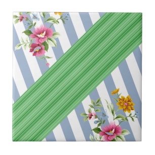 Keramische Tegel Blue Stripe Floral Tegeltje