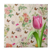 Keramische Tegel Floral Butterfly Roze Tulip Tegeltje (Voorkant)