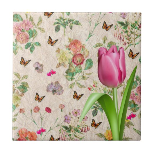 Keramische Tegel Floral Butterfly Roze Tulip Tegeltje (Voorkant)
