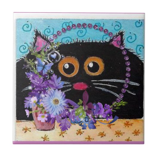 Keramische Tegel Floral Whimsical Cat Tegeltje (Voorkant)