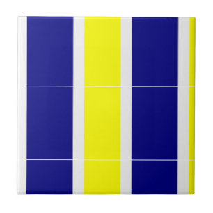 Keramische tegel geel & blauw wit gestreept vierka tegeltje