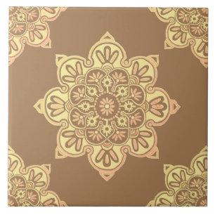 Keramische tegel, geel medaillon op lichtbruin tegeltje