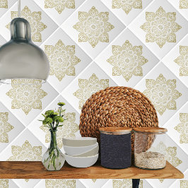 Keramische tegel, geel medaillon op wit tegeltje