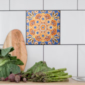 Keramische Tegel geometrisch blauw en sinaasappel Tegeltje