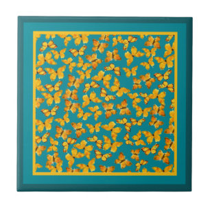 Keramische Tegel, Golden Butterflies op Blauwgroen Tegeltje