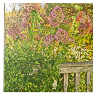 keramische tegel /"HORTENSIA'S AT WOODEN FENCE" Tegeltje
