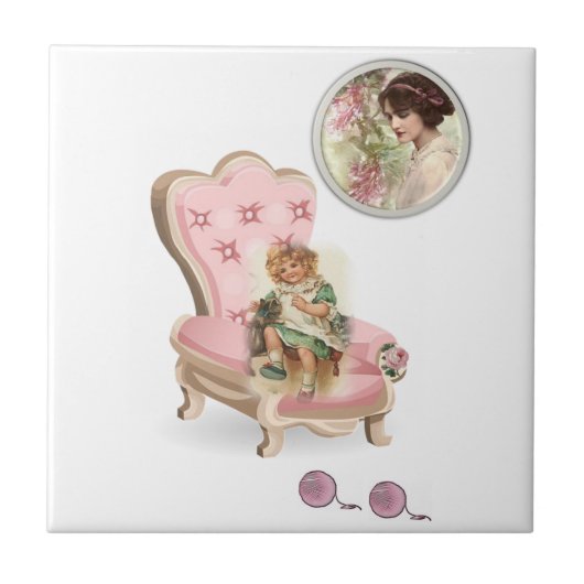 Keramische Tegel  Meisje Vrouw Kat Floral Tegeltje (Voorkant)