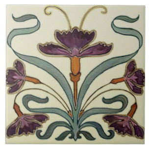 Keramische tegel - Paarse bloemmotief art nouveau Tegeltje