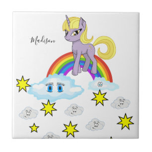Keramische Tegel Paarse Pony Rainbow Happy Clouds Tegeltje