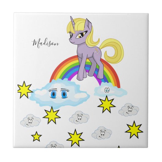 Keramische Tegel Paarse Pony Rainbow Happy Clouds Tegeltje (Voorkant)