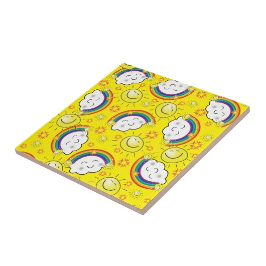 Keramische Tegel regenboog, zon, wolken, geel Tegeltje (Zijkant)