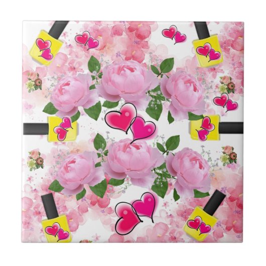 Keramische Tegel Roze Harten Geel Nail Pools Tegeltje (Voorkant)