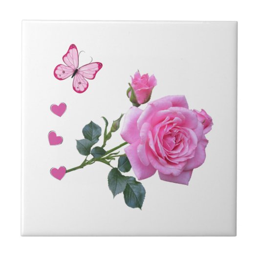 Keramische Tegel Roze Roze Floral Butterfly Hearts Tegeltje (Voorkant)