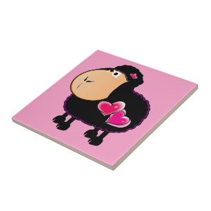 Keramische tegel schaap roze harten tegeltje