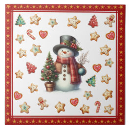 Keramische tegel sneeuwman en kerstkoekjes rood tegeltje
