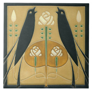 Keramische Tegel - Songbird Art Nouveau Floral Tegeltje