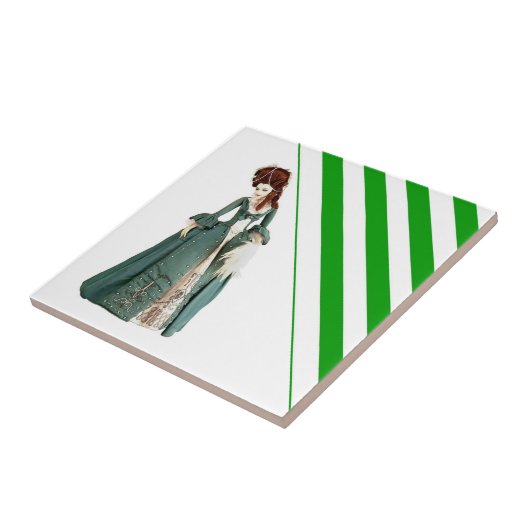 Keramische Tegel Streep Groen & Witte Streep Tegeltje (Zijkant)