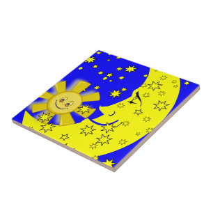 Keramische Tegel Sun Moon Yellow Stars Blue Tegeltje