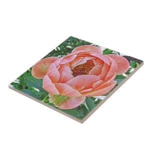 KERAMISCHE TEGEL/TRIVET MET ROZE PIOEN TEGELTJE