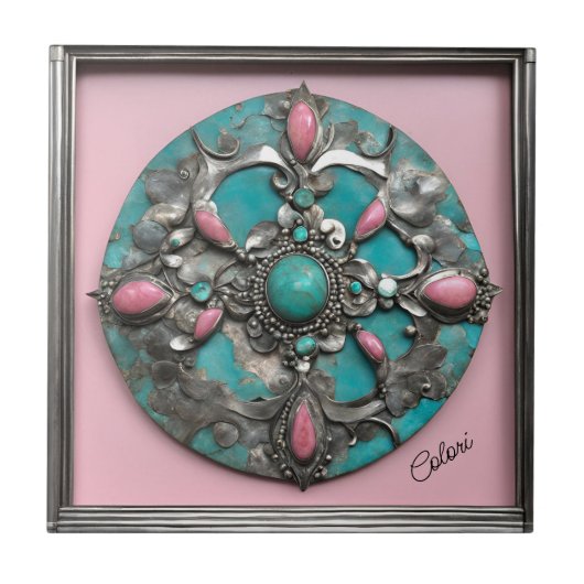 Keramische Tegel Verdigris en Roze Tegeltje (Voorkant)