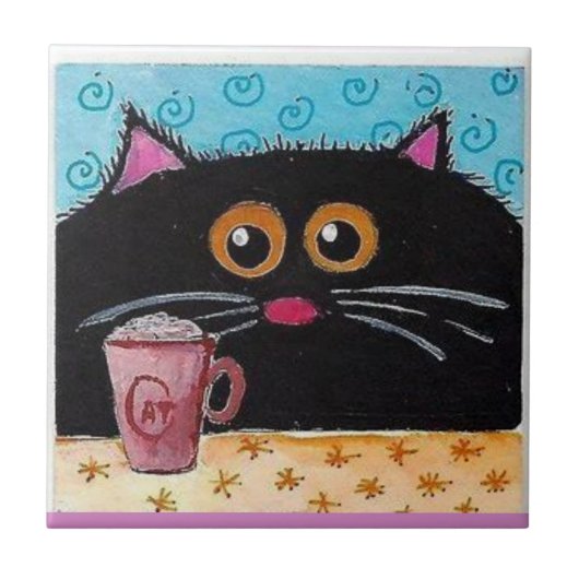 Keramische Tegel Whimsical Cat Coffee Cup Tegeltje (Voorkant)