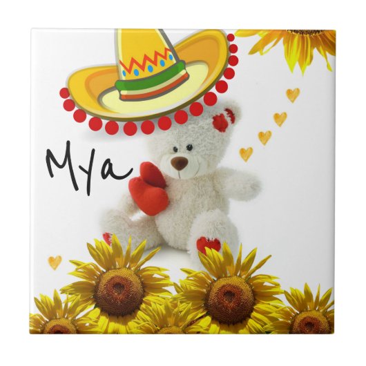 Keramische Tegel White Sunflower Teddy Bear Tegeltje (Voorkant)